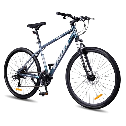 Image of Vaux City-Pro Hybrid Cycle for Men with Gears|21 Speed Shimano Gears| 19 Inch HI-Ten Steel Frame| Dual Disc Brakes| 700x35C Tyres|Double-Wall Alloy Rims (Grey-Blue, Multispeed, Suspension Fork)