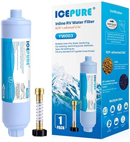 ICEPURE Inline Water Filter for Hose on RV Backyard Pool Camper Marine Boat for Consuming, Automobile Washing, Gardening, Planting, Spa, Reduces Chlorine, Dangerous Style, Odors, with 1 versatile hose protector, 1PACK