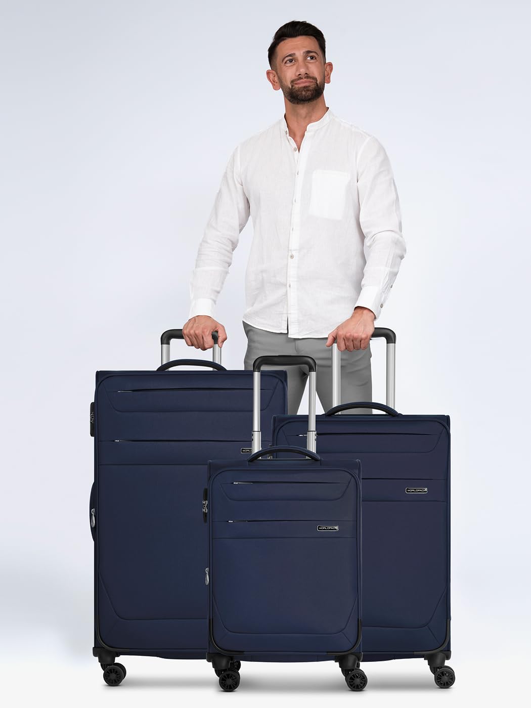 Set di valigie morbide, 3 pezzi, trolley da viaggio in poliestere robusto di alta qualità, per uomo e donna, 4 ruote doppie e lucchetto TSA, serie Chicago, blu scuro, Kofferset (3-teilig)