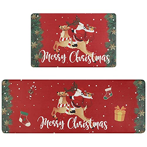 Homcomoda Merry Christmas Kitchen Rugs Set Of 2 Non Slip Red Santa Claus Kitchen Floor Mat Cushioned Anti Fatigue Kitchen Rug Floor Mat For Kitchen Home Christmas Decor #TOP30