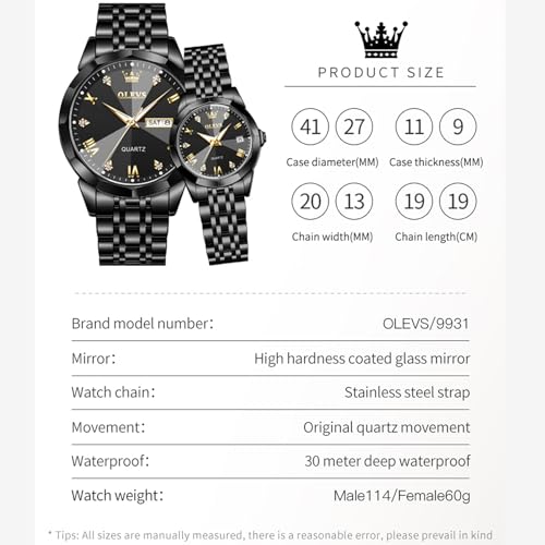 Image of OLEVS Analog Couple Watch Night Light Waterproof Stainless Steel Quartz Watch Men's and Women's Calendar Date Window Leisure Wedding Romantic Double Watch