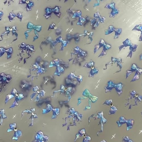 Image of Bow Nail Art Stickers Blue Purple Nail Decals with Rhinestone Design 5D Embossed Self-Adhesive Nails Art Supplies for Women Girls Kid DIY Manicure Decoration