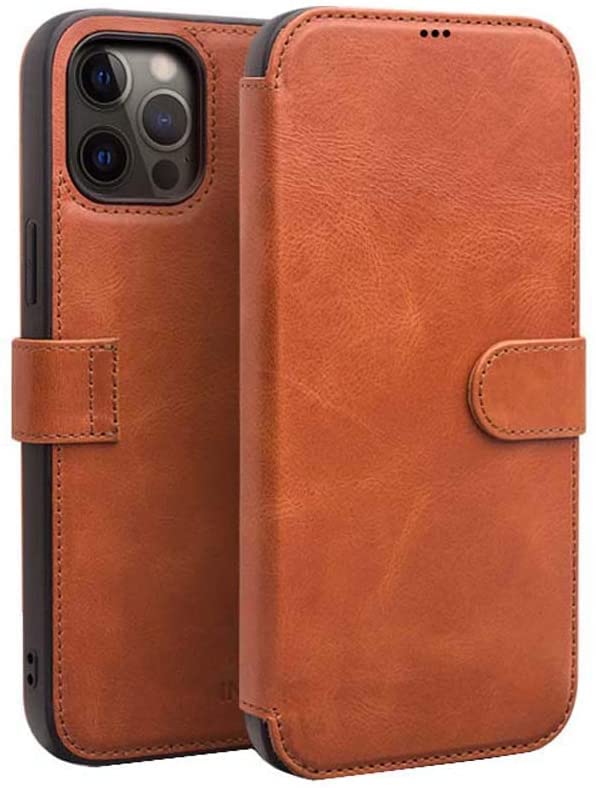 Étui en cuir iPhone 12 Pro folio raffiné marron clair protection chic 6,1 pouces