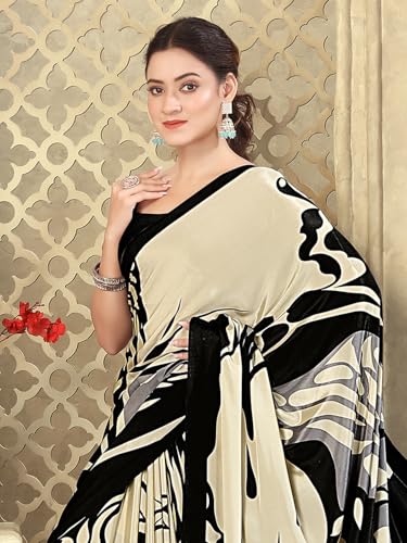 Image of SIRIL Women's Crepe Silk Printed Saree with Unstitched Blouse Piece