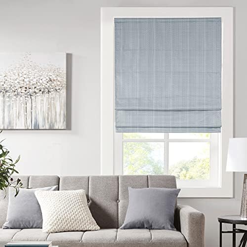 Madison Park Galen Cordless Roman Shades - Fabric Privacy Single Panel Darkening, Energy Efficient, Thermal Insulated Window Blind Treatment, for Bedroom, Living Room Decor, 35" x 64", Blue