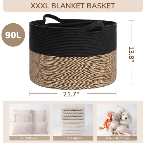 Image of INDRESSME Large Storage Baskets for Organizing, 21.7 x 13.8 Blanket Basket Living Room Dog Toy Bin, Woven Laundry Basket for Dirty Clothes, Pillows, Towel, 90L Mix Black