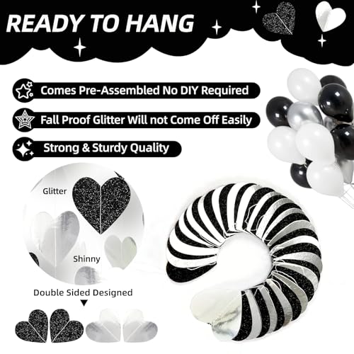 Image of Black White-Silver Party-Decoration Heart Garland - 39ft 21st Men Birthday Hanging Backdrop Streamers,Graduation Engagement Wedding Banner Bridal Baby Showers Bachelorette NYE Party Decor