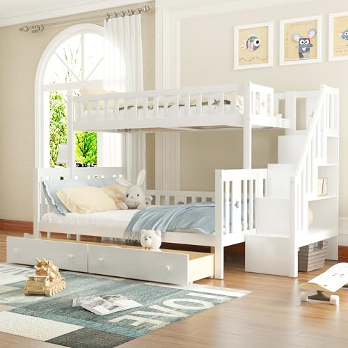 VSOGA Cama infantil 90 x 200/140 x 200 cm, litera de madera maciza con escalera de seguridad, dos cajones grandes y somier, color blanco