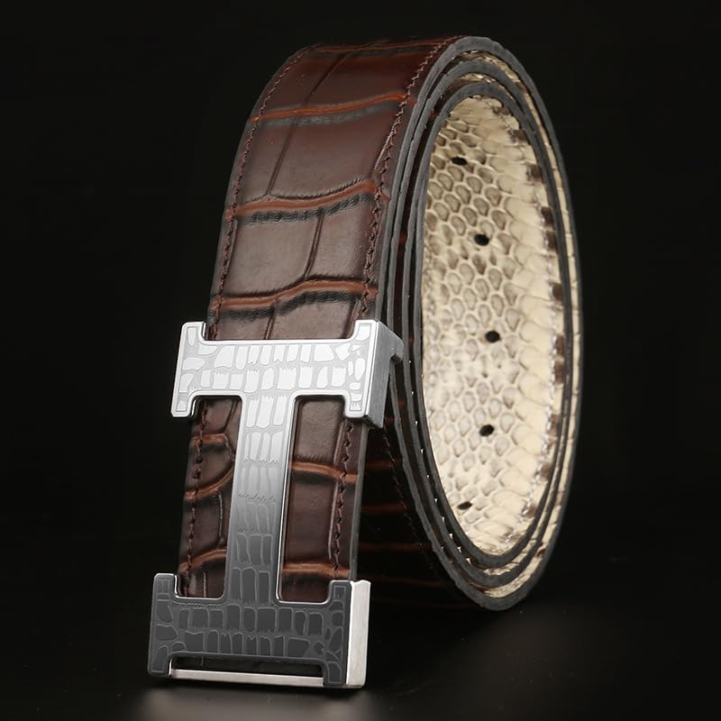 SFBBCLOZ Men's Belt Handmade Reversible Python Skin Head Cowhide Leather Belt Alloy Buckle Luxury Fashion Casual Belt (36