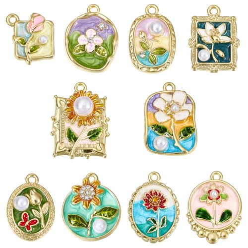 COGCHARGER 10Pcs 10 Styles Oil Painting Flower Charms for jewellery Making Alloy Enamel Acrylic Pearl Charms Vintage Floral Pendants for Bracelet Earring Necklace Crafts(Gold)