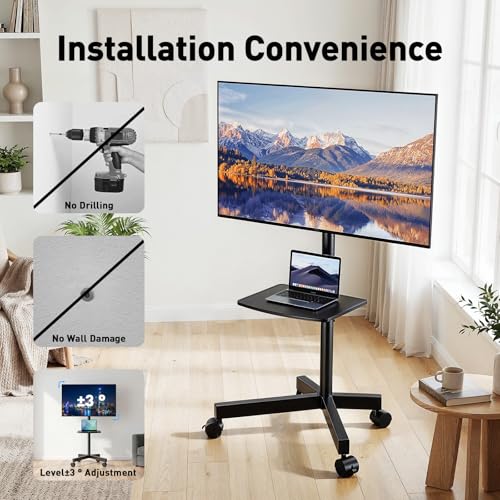 Image of PERLESMITH Rolling TV Stand for 23-63 Inch Flat /Curved Screen TVs up to 88 lbs, Mobile TV Stand on Wheels, Portable TV Stand with Tilt & Height Adjustable,Outdoor TV Stand Max VESA 400x400mm PSTVMC10