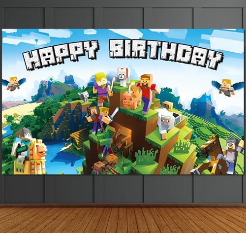 Pixel Backdrop Happy Birthday Banner Boy 5x3ft Miner Bday Sign Villager Gaming Birthday Party Decorations Videogame Themed Banner Video Game Decorations Video Game Backdrop for Boys by IndoTribe - Used condition - US$9.99