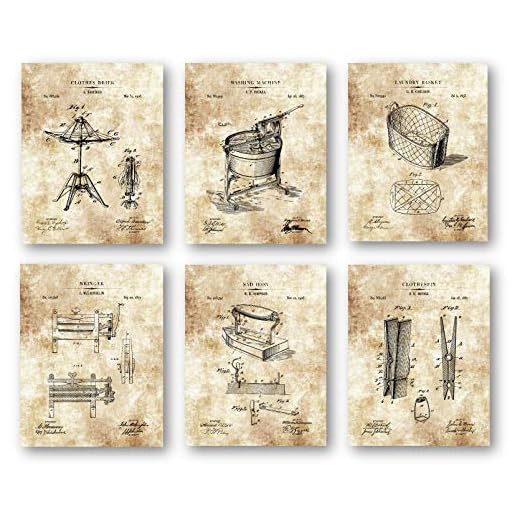 Vintage Home Laundry Room Artwork - Laundry Wringer, Washing Machine, Sad Iron, Clothes Basket, Clothespin, Clothes Dryer - Set of 6 8 x 10 Unframed Patent Prints - Great Gift Dry Cleaners