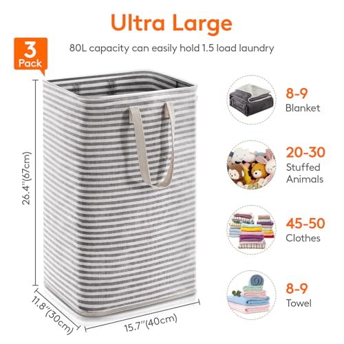 Image of Lifewit 3 Pack Laundry Basket 80L Each, Collapsible Clothes Hamper with Reinforced Handles, Freestanding Waterproof Design for Bedroom and Laundry Room, Black 240L Total