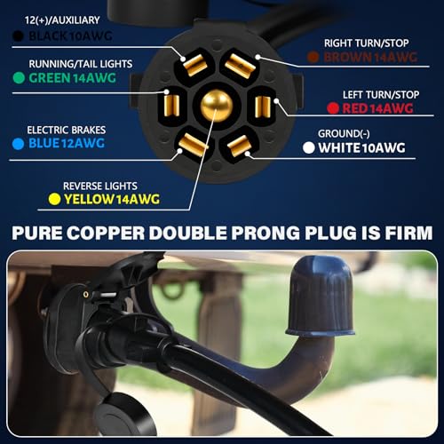 Image of 8 FT Heavy Duty 7 Way Trailer Cord Pure Copper 7 Way Trailer Plug Inline Cord 96 inch 7 Pin Trailer Wiring Harness Double Blade Molded 7 Pin Round Plug for Rvs Camper