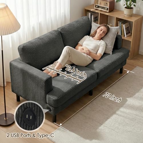 Image of 70 inch Loveseat Sofa, 2-Seater Bedroom Couches with USB, Deep Seat, Dark Grey | Upgrade Upholstered Love Seat Sleeper Sofa, Corduroy Small Couch for Bedroom, Apartment, Office