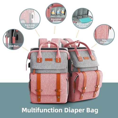Image of ISMGN Diaper Bag Backpack with Changing Station, Large Diaper Bag, Baby Bag with Changing Station, Pink Diaper Bag, Pinkgray