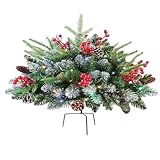 Árbol de Navidad artificial prefabricado con iluminación LED como relleno para macetas, árbol de Navidad artificial con piñas y bayas rojas | Decoración navideña a pilas para chimenea entrada patio