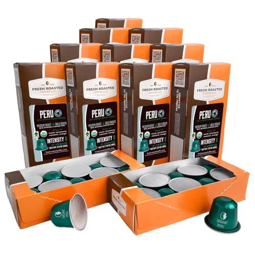 Image of Fresh Roasted Coffee, Organic Peru Espresso Capsules for Nespresso OriginalLine, Medium, USDA Organic, 3rd Party Tested for Mold, Mycotoxin & Pesticides, Kosher, 120 Recyclable Aluminum Capsules