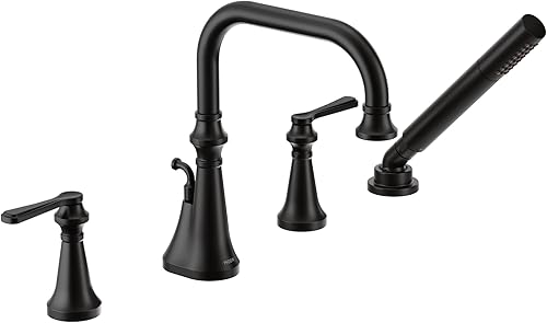 Miniatura 6 de Moen TS44504BN Colinet - Grifo de bañera romana de dos manijas para montaje en cubierta con manijas de palanca y ducha de mano, requiere válvula