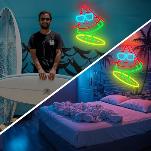 Image of Watermelon Neon Sign Dimmable Watermelon Surfer Led Sign Cute Summer Fruit Party Decorations Surfing Neon Light Sign for Surfboard Wall Decor
