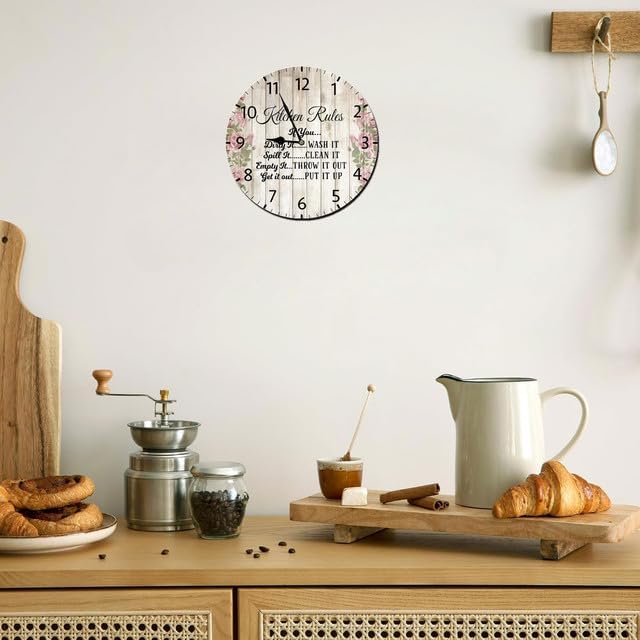 Miniatura 2 de Kitchen Rules - Reloj de pared de madera vintage con pilas, sin tictac, 10 pulgadas, arte silencioso, reloj de madera rústica para el hogar,