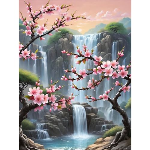 TOSTOG 5D DIY Diamond Painting Kit Completo,Cascada y Flores Diamante Cristal Bordado Punto de Cruz Painting Pinturas para Adultos Decoración Pared Hogar 30x40 cm