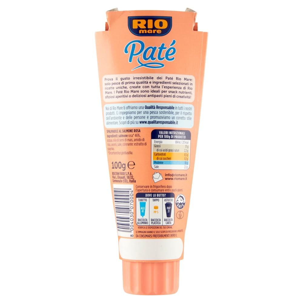 Italian Gourmet Rio Mare Paté de Saumon Rose – Tartinade crémeuse de saumon, idéale pour toasts, canapés, sandwichs & apéritif – Lot 3 x 100 g (300 g) + Italian Gourmet polpa