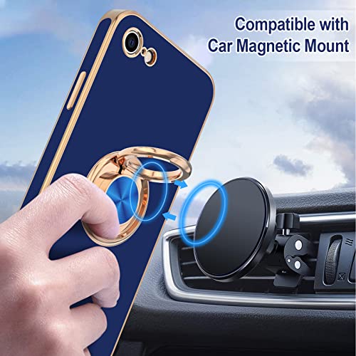 Image of Hython Case for iPhone SE Case 2022 /2020, iPhone 8 7 Case Ring Holder Stand Magnetic Kickstand, Plating Rose Gold Edge Soft TPU Bumper Cover Shockproof Protective Phone Cases Women Girls Boys, Blue