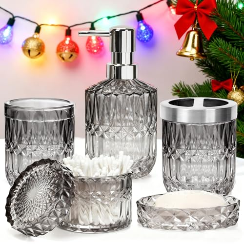 Juego de 5 accesorios de baño de cristal, regalo vintage, incluye dispensador de jabón, jabonera, soporte para cepillo de dientes, vaso y tarro, elegante decoración de baño moderna (degradado