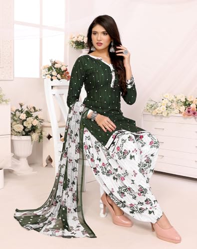 Image of Yashika Women's Printed Dress Material - Unstitched Crepe Fabric Kurti, Pants & Dupatta Suit Set (AZ-YS-P4-ABHILASHA GREEN), Free Size