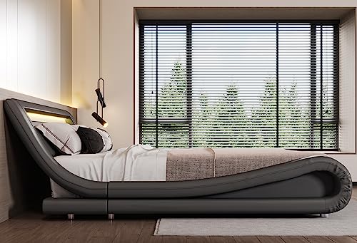 Sha Cerlin Wave-Like Curve Deluxe Upholstered Modern Bed Frame With Led Headboard/Mattress Foundation/No Box Spring Needed/Strong Wood Slats Support/Easy Assemble, Dark Grey, Full #TOP6