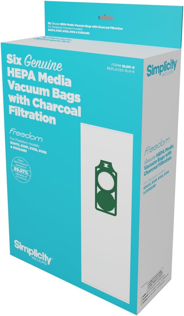 Genuine Simplicity S10 Freedom HEPA Vacuum Cleaner Bags, Odor-Fighting and Charcoal-Infused Vacuum Bags, Six Vacuum Bags for Simplicity Freedom Included