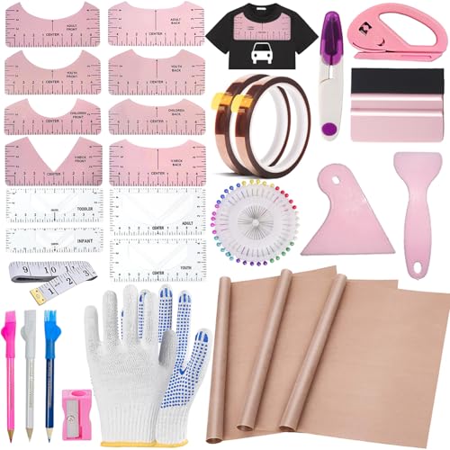 QUKLOGEN 68 Piezas Juego de Herramientas para Camiseta de sublimación,lámina de teflón para Prensa de Transferencia,Camiseta Ruler Guide Alignment para Accesorios de Costura, Accesorios de Plotter