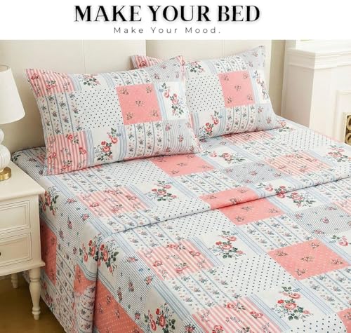 Image of HOMEKART 210 TC Cotton Double Bedsheet with 2 Pillow Covers | Soft & Breathable Luxury Bedding | Floral Printed Bed Sheet for Double Bed | 90 x 100 Inches | Pastel Heritage Patchwork