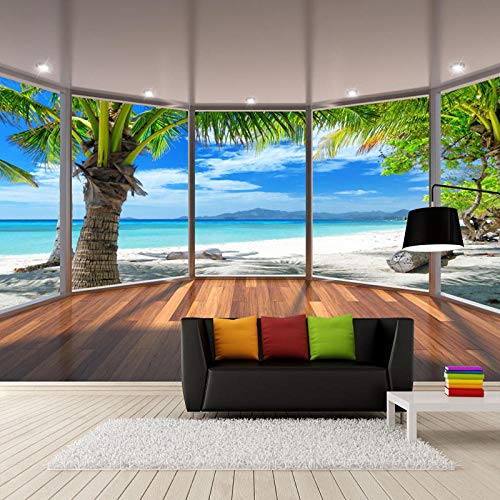 Huzi Custom Photo Wallpaper 3D Balcony Seaside Scenery Coconut Tree Beach Mural Living Room TV Sofa Dining Room Mural Decoration 1 M2Customizable