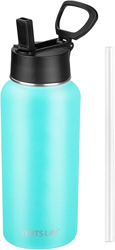 Miniatura 10 de Botella de agua aislada con pajilla, botella de agua deportiva de acero inoxidable aislada al vacío, mantiene el frío y el calor, botella de agua de