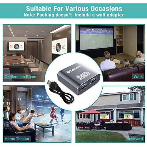 HDMI Splitter 1 in 2 Out - Techole 4K Aluminum Ver1.4 HDCP, Powered HDMI Splitter Supports 3D 4K@30HZ Full HD1080P for Xbox PS4 PS3 Fire Stick Roku Blu-Ray Player Apple TV HDTV - Cable Included, Grey - Thumbnail 5