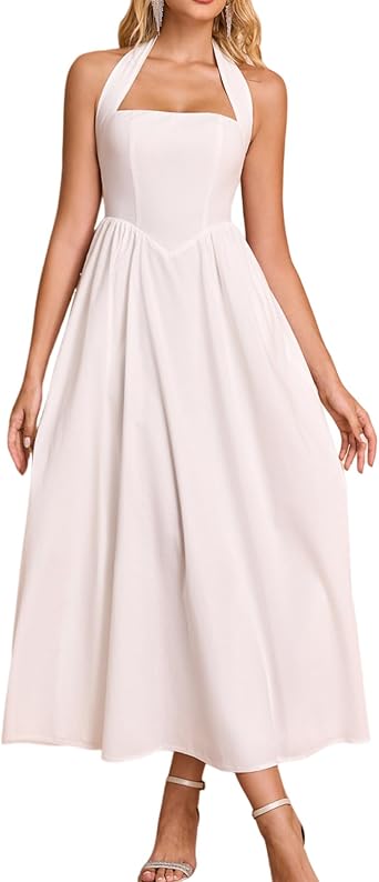 Halter Wedding Guest Midi Dress Corset Flowy A Line Tea Party Sundress 2026 Milkmaid Dresses with Pockets