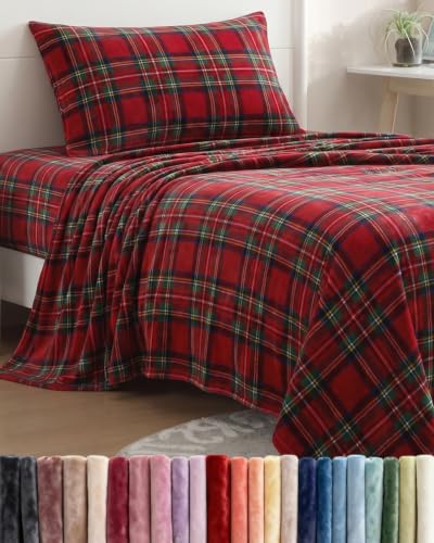 Image of Fleece Sheets Twin XL Size Set - 3-Piece Velvet Flannel Sheet Set - Tartan