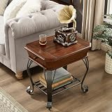 DS-HOMEPORT 2 Tier Retro Hexagon Wood End Table with Metal Leg, Farmhouse Side Table with Storage Shelf ＆ Drawer, Mid-Century End Table for Living Room(25' Dx18 Wx23 H)