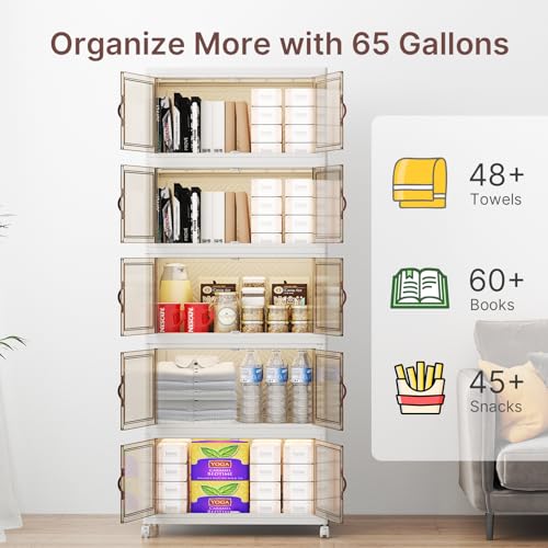 Image of UAMFURI Stackable Storage Bins with Lids, 240QT Lockable Storage Cabinet | Closet Organizers, Foldable Storage Box with Doors and Wheels, Plastic Drawers for Home, Garage, Office (5, White, Medium)