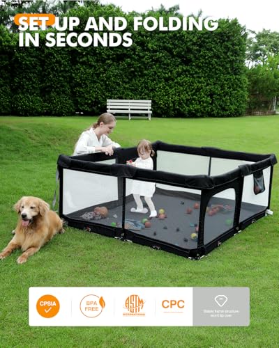 Dearlomum Foldable Baby Playpen with Non Removable Mat, Extra Large Collapsible Play Yard for Babies & Toddlers, Portable Travel Playpen, Baby Activity Center for Indoor & Outdoor Use (Black 59\"×71\")