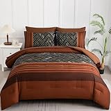 Luxudecor Burnt Orange Comforter Set Queen Size, 7 Pieces Stripe Geometric Bed in a Bag, Marble Comforter and Sheet Set, Soft Microfiber Complete Bedding Set for All Seasons