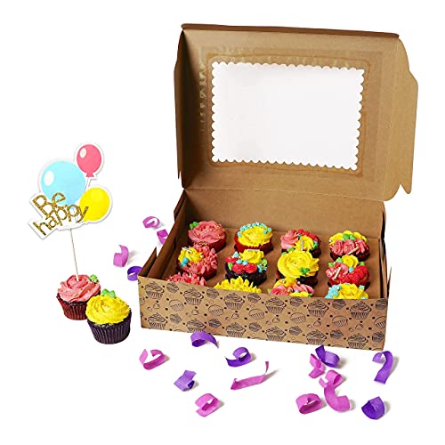 Image of mudrit Kraft Cupcake Boxes with Insert, Brown Cupcake Carrier, Food Grade Kraft Bakery Boxes with Windows and Inserts (10 pcs, 12 holder)