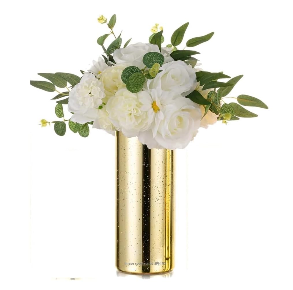 SPHINX Golden Decorative Glass Cylinder Vase for Flowers Home Table Decor,Centerpiece, Vases for home decor ,Gift, Hurricane Candle Holders - (Mercury Golden- 1 Piece-6 Inch)