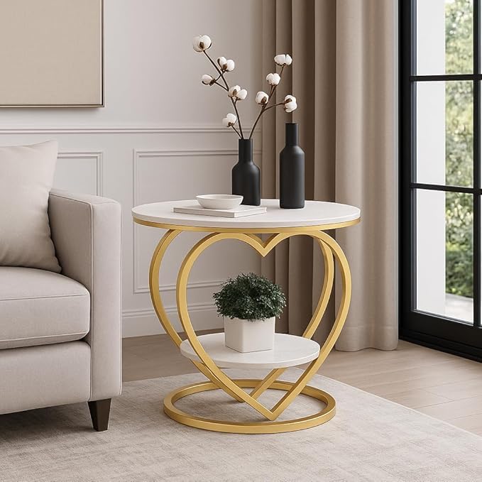 Image of Modern Round Side Table with Marble Finish Top & Metal Frame | Stylish Sofa Side Table with Bottom Shelf for Living Room, Bedroom & Office Decor (White Gold)