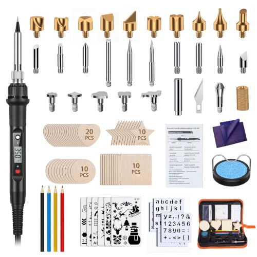 Margolongte Pyrography Kit 96PCS Wood Burning Kit with LCD Display Pen 100W 200-500 Adjustable Temperature 28 Tips 50 Wooden Pieces 10 Stencils for Wood Carving Embossing Soldering