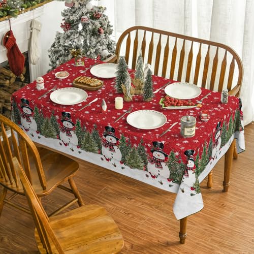 Horaldaily Christmas Tablecloth 60×84 Inch Rectangular, Winter Snowman Trees Red Washable Seasonal Table Cover for Party Picnic Dinner Decor – Image 3