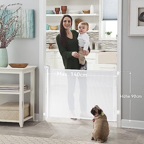 Hawthyhome Treppenschutzgitter Türschutzgitter Ausziehbar 0-140CM, Kinderschutzgitter,Schutzgitter Treppe für Babys und Haustiere Geeignet für Treppen, Türen, Terrasse (Weiss-140CM